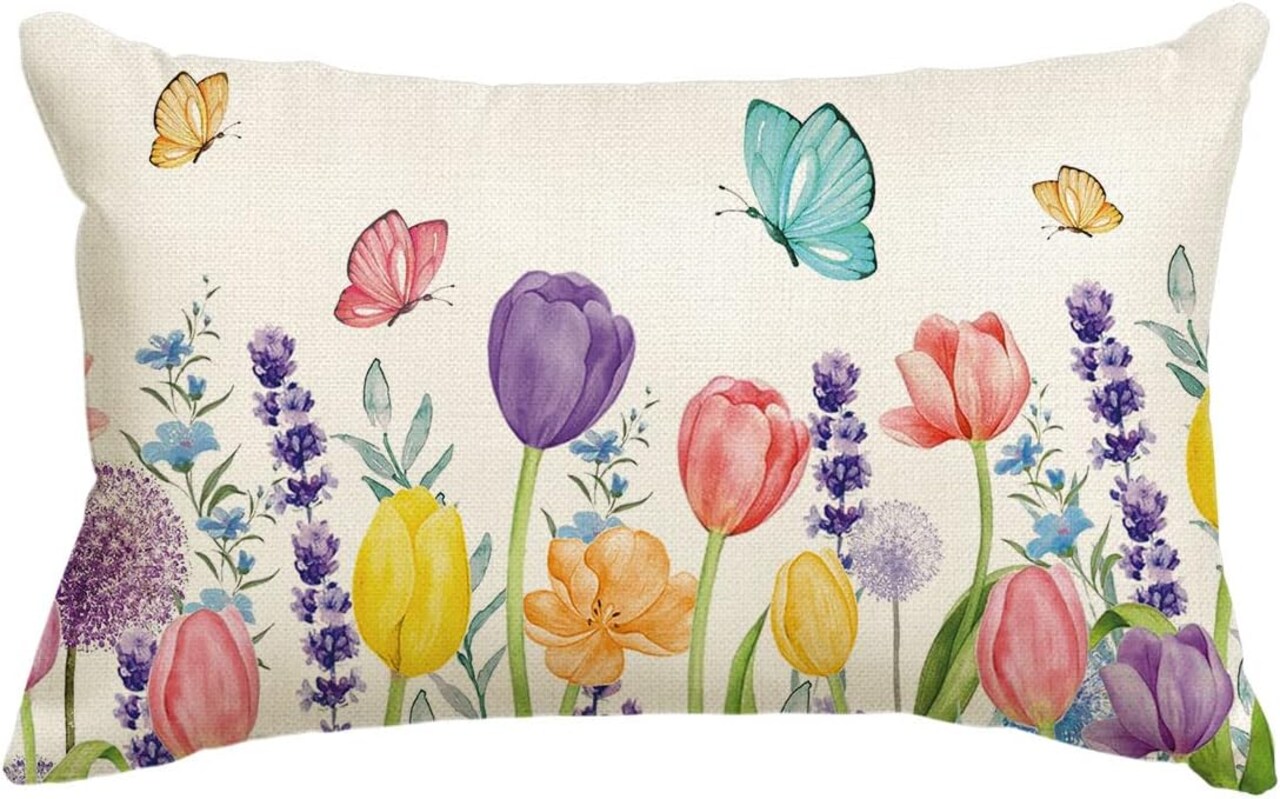 Spring Flowers Tulip Lavender Eucalyptus Butterfly Throw Pillow Cover, 12 x 20 Inch Spring Cushion Case for Sofa Couch